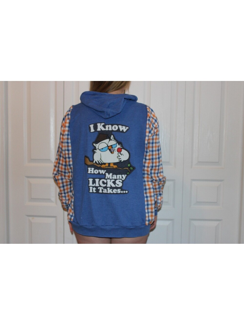 Blue Zip-Up Hoodie with Plaid Sleeves & Cartoon Graphic Back, Oversized large